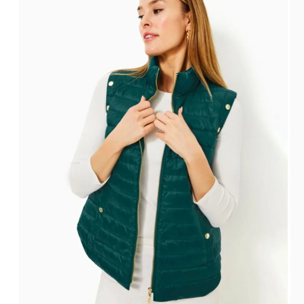 NEW Lilly Pulitzer Tenna Convertible Down Puffer Jacket Vest Villa Green